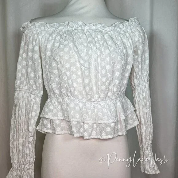 Shein Off Shoulder Floral Ruffle Hem Peplum Crop Top Blouse White - Picture 10 of 10